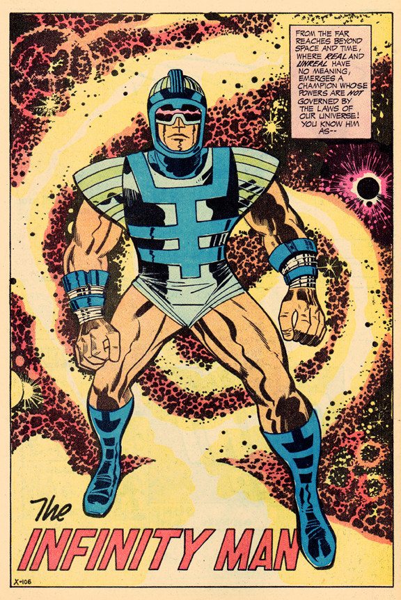 Infinity Man pin-up by Jack Kirby.
